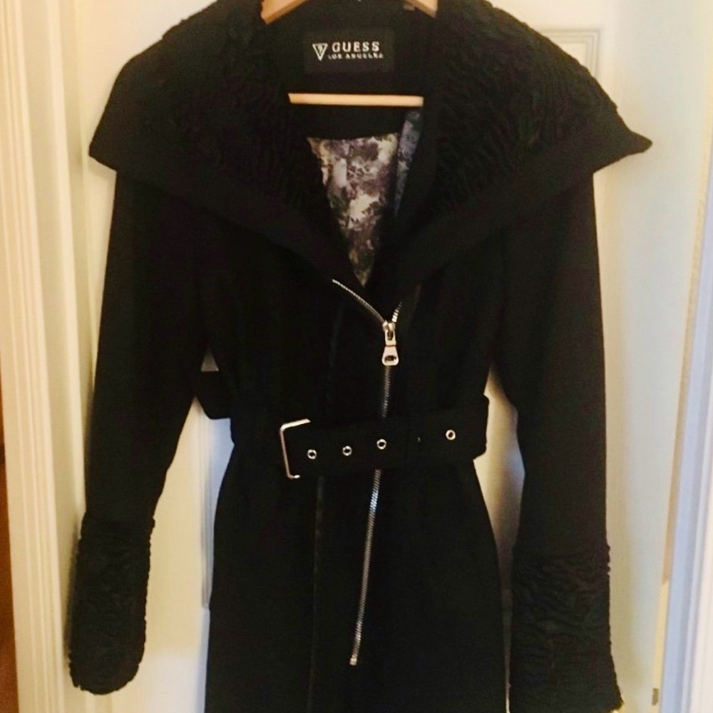 GUESS Wool-Blend Pea Coat, Fur Trim, Belted, Lined, Black, S, EUC